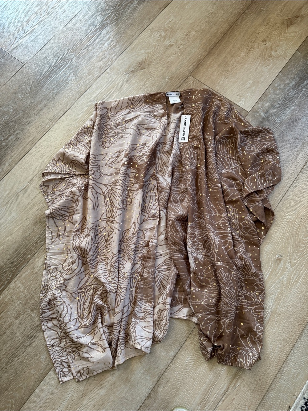 Anne Klein Brown & Cream Metallic Dot Layering Kimono